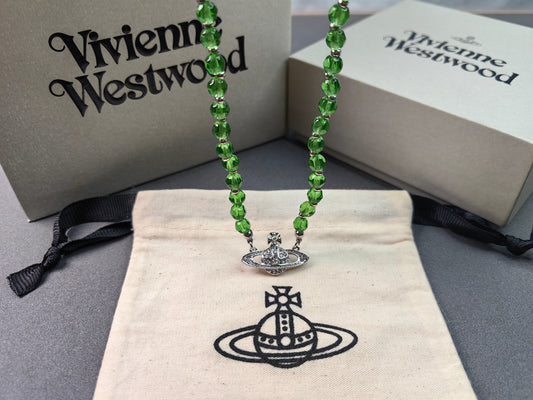 Vivienne Westwood Green Crystal Saturn Necklace Silver