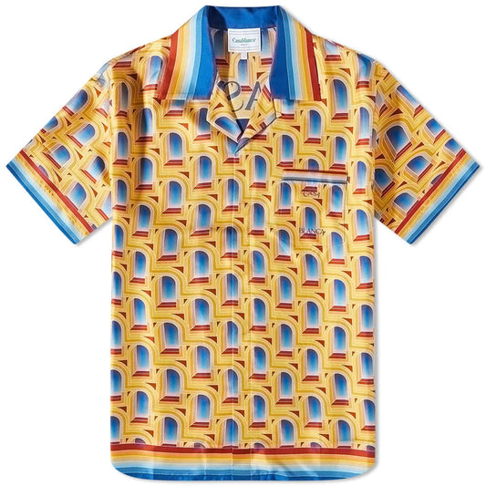 CASABLANCA L'Arche De Nuit Cuban Collar Silk Shirt Yellow
