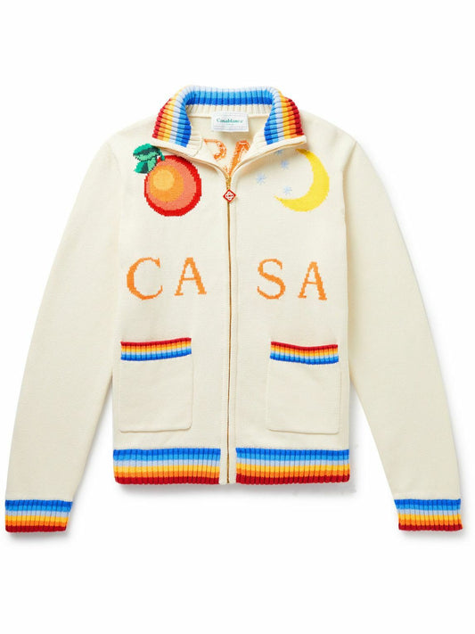 Casablanca Intarsia Cotton Zip-Up Cardigan