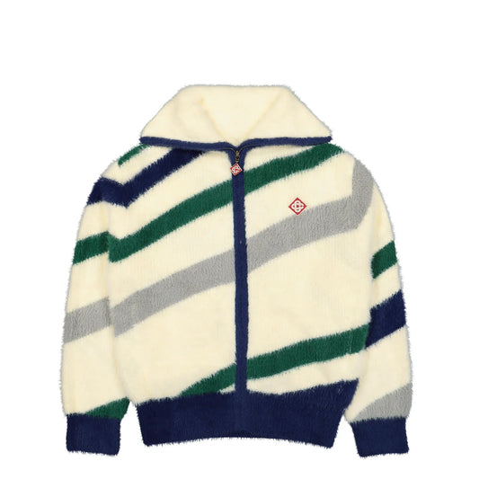 CASABLANCA Logo-Appliquéd Striped Brushed-Knit Zip-Up Cardigan - White