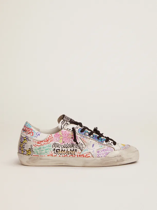Golden Goose Super-Star white leather with multicolored graffiti print