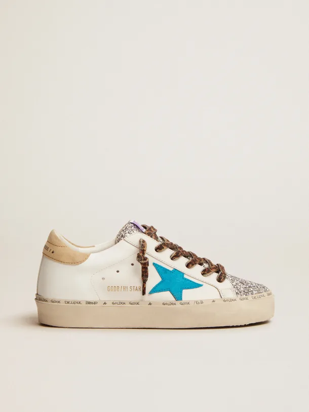 Golden Goose Hi-Star LTD silver glitter tongue and cyan-blue suede star