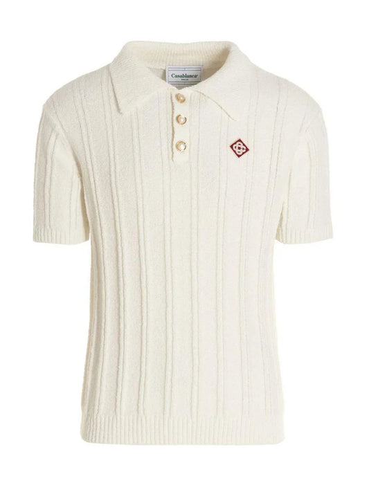 CASABLANCA logo-embroidered Bouclé Polo Shirt White