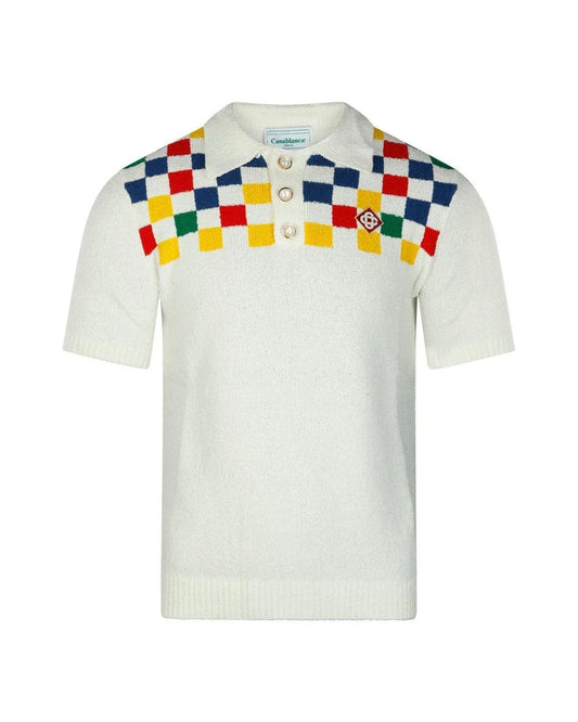 CASABLANCA Logo Patch Check Panelled Knitted Polo Shirt