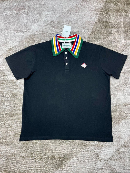 CASABLANCA Stripe Knit Collar Polo Shirt Black