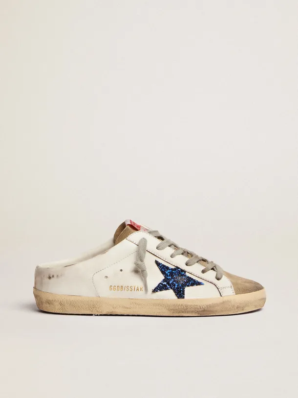 Golden Goose Super-Star Sabots in white leather with blue glitter star and dove-gray suede tongue