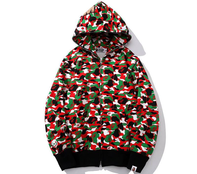 BAPE 1st Camo Shark Full Zip Red and Green Printed Hoodie