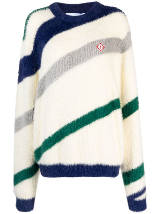 CASABLANCA Logo-Appliquéd Striped Brushed-Knit Cardigan