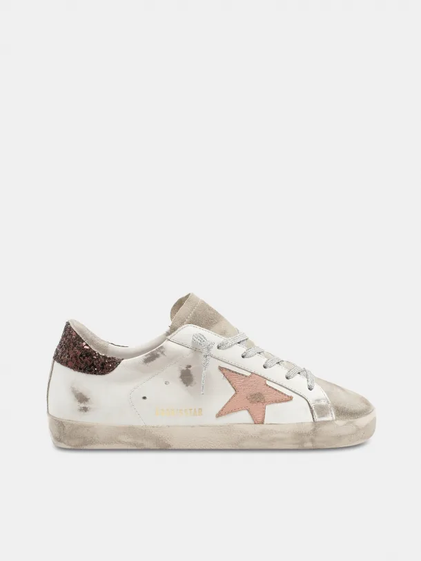 Golden Goose Super-Star brown glitter heel tab and pink crackled leather star