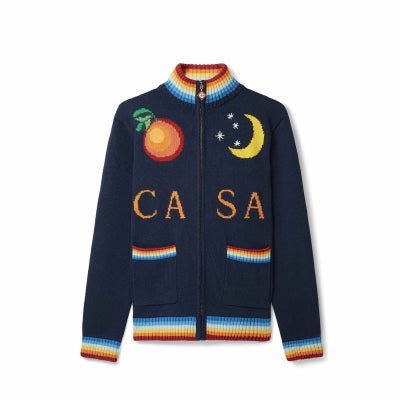 Casablanca Intarsia Cotton Zip-Up Cardigan Blue