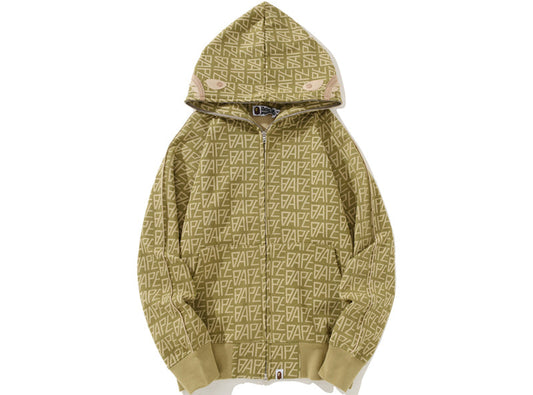 BAPE Logo Monogram Velour Shark Full Zip Hoodie Beige
