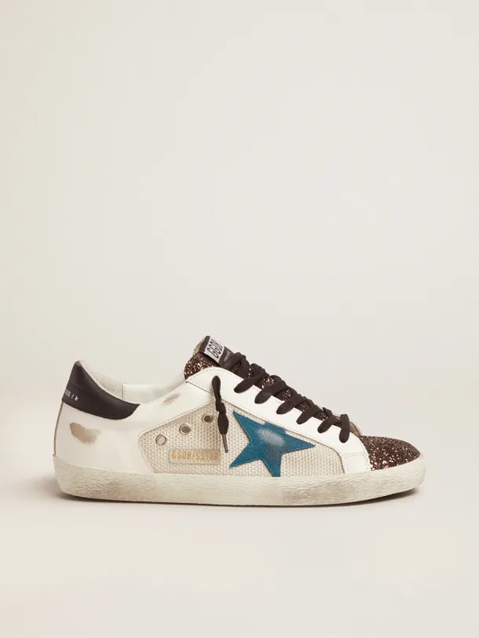 Golden Goose Super-Star Glitter insert and blue storm suede star