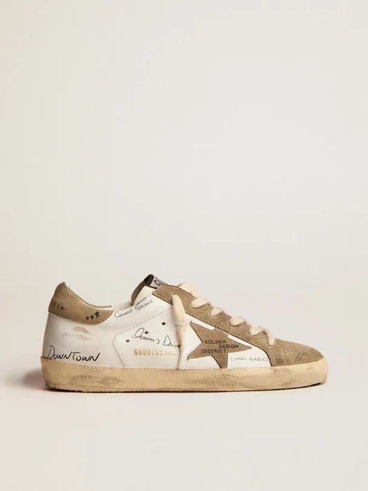 Golden Goose Super-Star White leather with dove-gray suede inserts and all-over