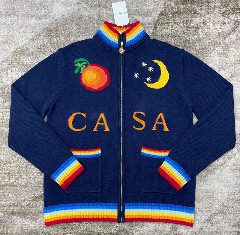 Casablanca Intarsia Cotton Zip-Up Cardigan Blue