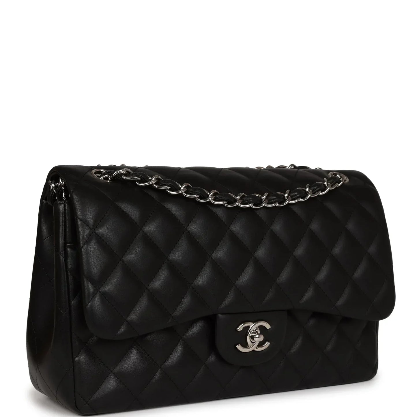 Chanel Classic Double Flap Quilted Lambskin Silver-tone Jumbo Black