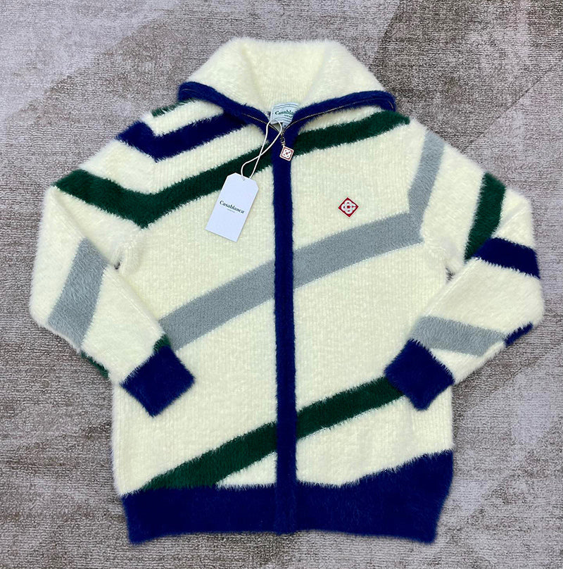 CASABLANCA Logo-Appliquéd Striped Brushed-Knit Zip-Up Cardigan - White
