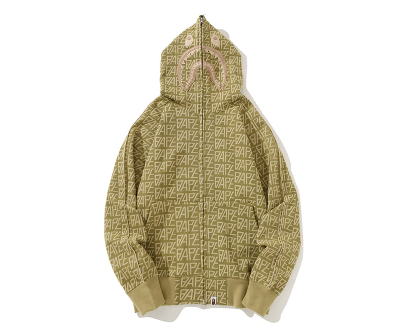 BAPE Logo Monogram Velour Shark Full Zip Hoodie Beige