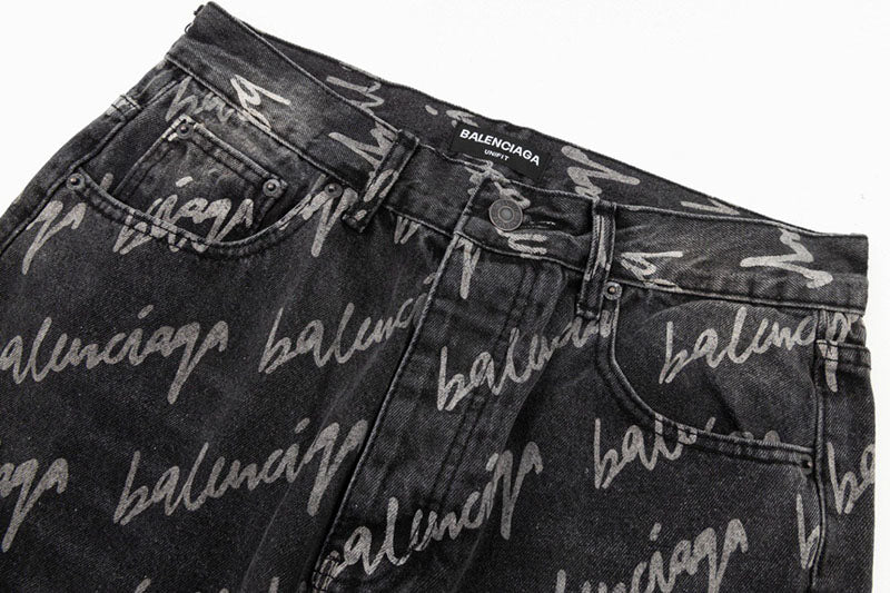 Balenciaga All Over Logo Large Fit Denim Black