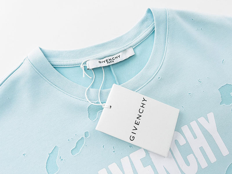 GIVENCHY Paris Distressed Logo T Shirt Sky Blue