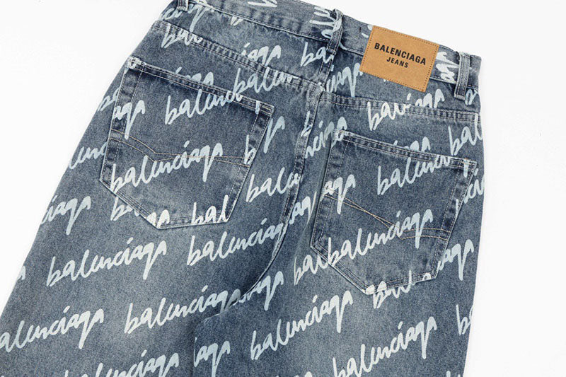 Balenciaga All Over Logo Large Fit Denim Blue