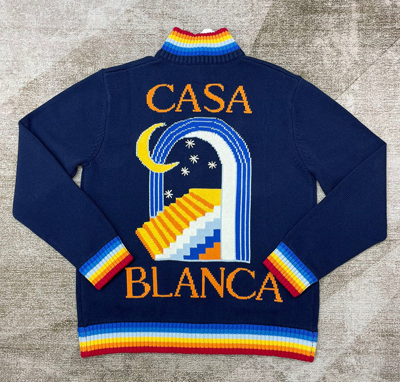 Casablanca Intarsia Cotton Zip-Up Cardigan Blue