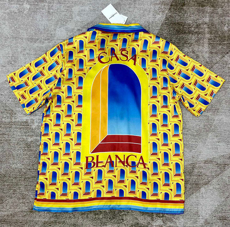 CASABLANCA L'Arche De Nuit Cuban Collar Silk Shirt Yellow
