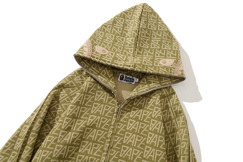 BAPE Logo Monogram Velour Shark Full Zip Hoodie Beige