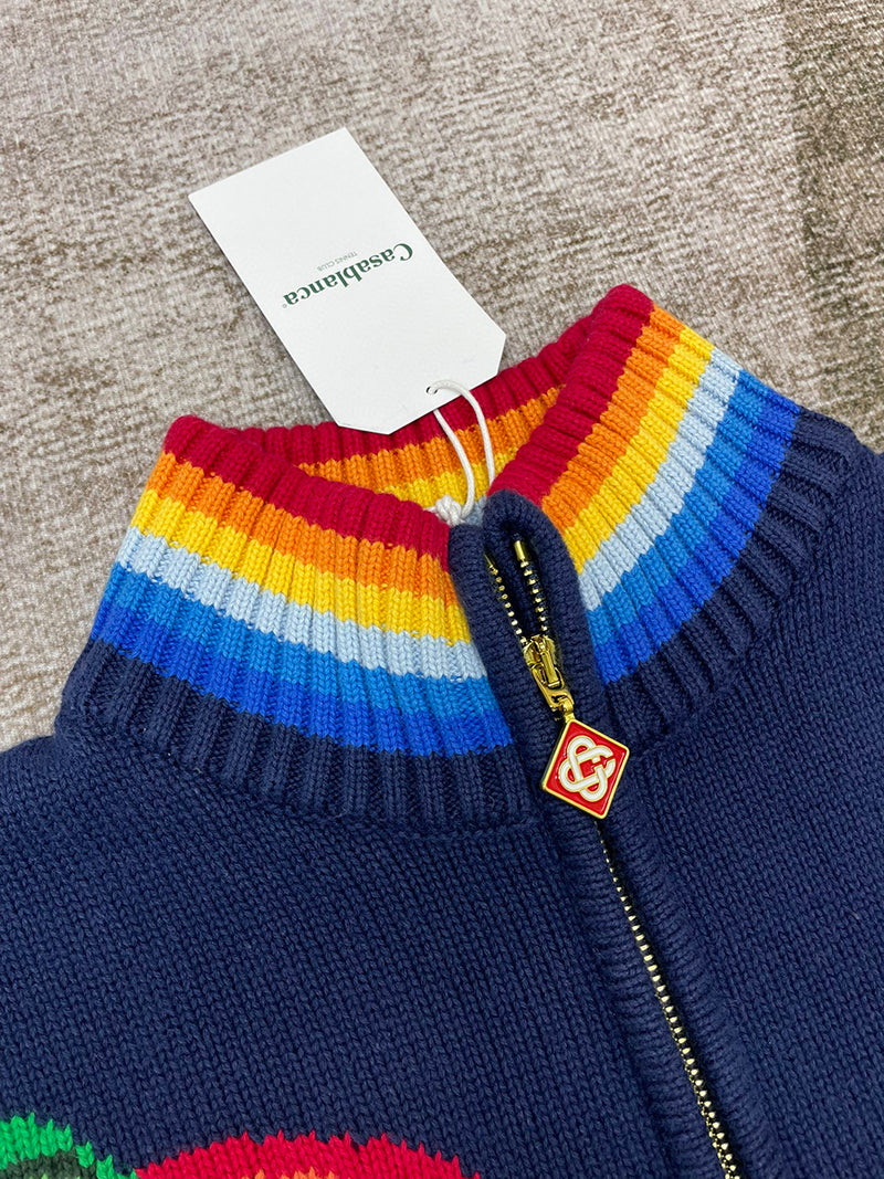 Casablanca Intarsia Cotton Zip-Up Cardigan Blue