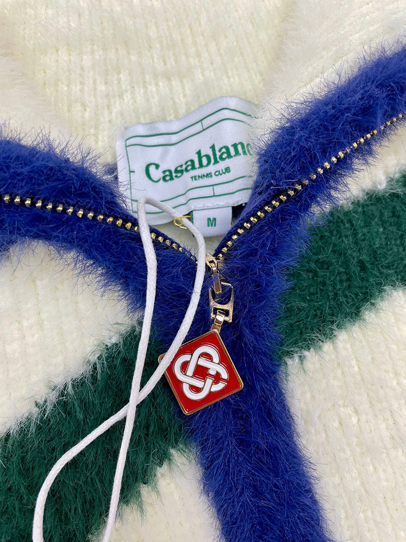 CASABLANCA Logo-Appliquéd Striped Brushed-Knit Zip-Up Cardigan - White