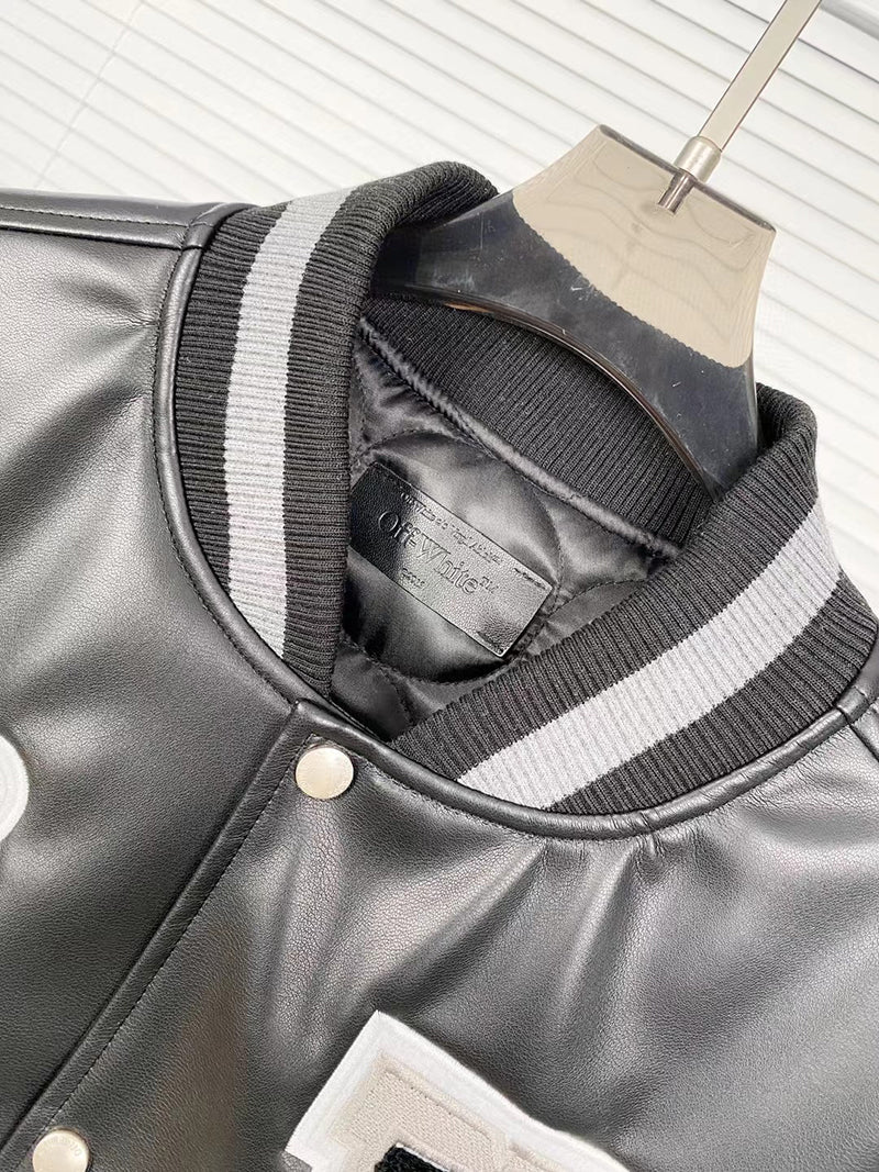 OFF-WHITE c/o Virgil Abloh Leather Varsity Jacket in Black