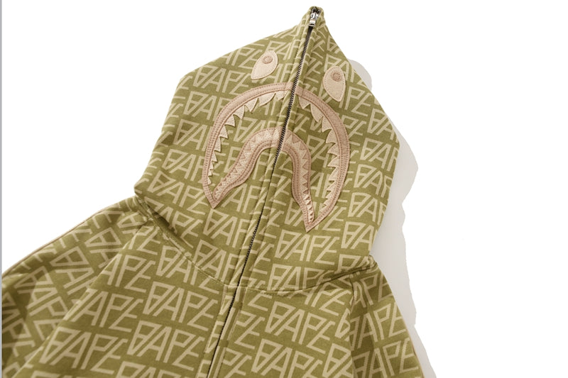 BAPE Logo Monogram Velour Shark Full Zip Hoodie Beige