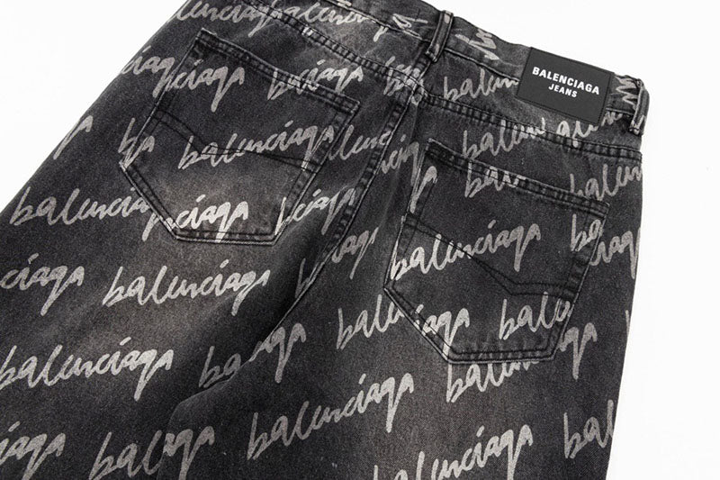 Balenciaga All Over Logo Large Fit Denim Black