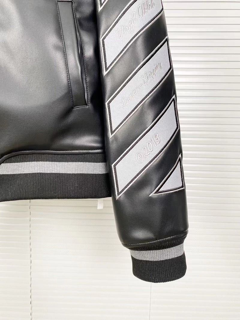 OFF-WHITE c/o Virgil Abloh Leather Varsity Jacket in Black