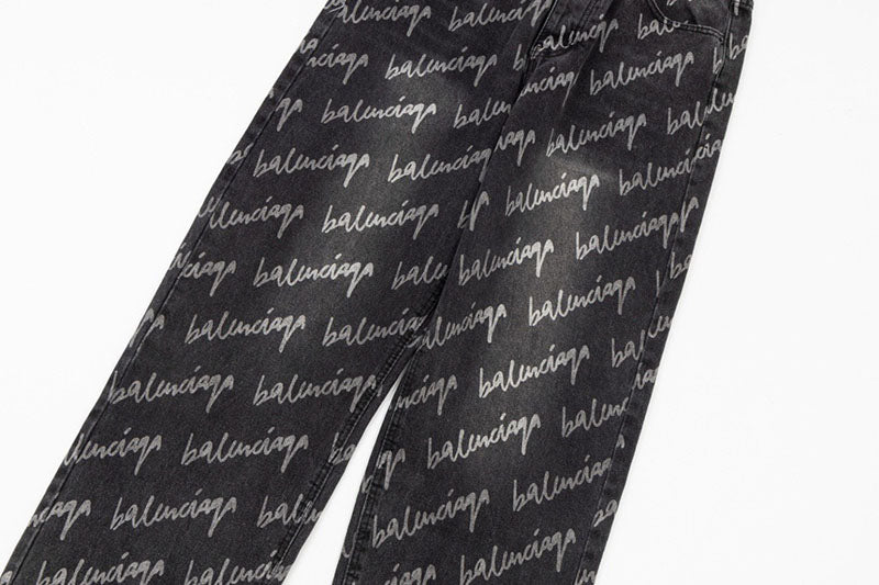 Balenciaga All Over Logo Large Fit Denim Black
