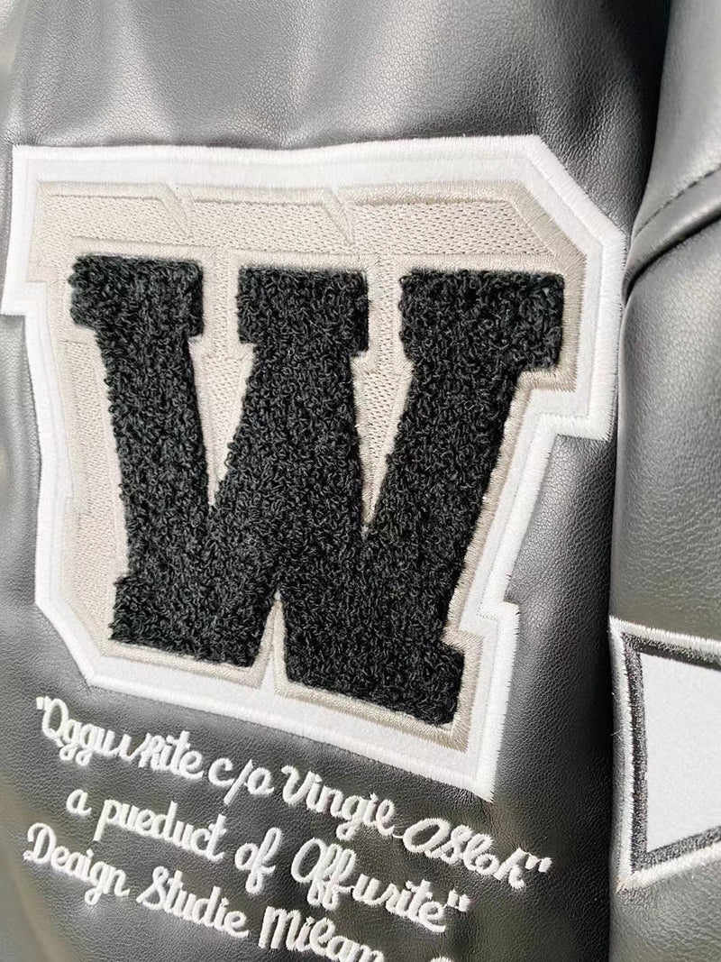 OFF-WHITE c/o Virgil Abloh Leather Varsity Jacket in Black