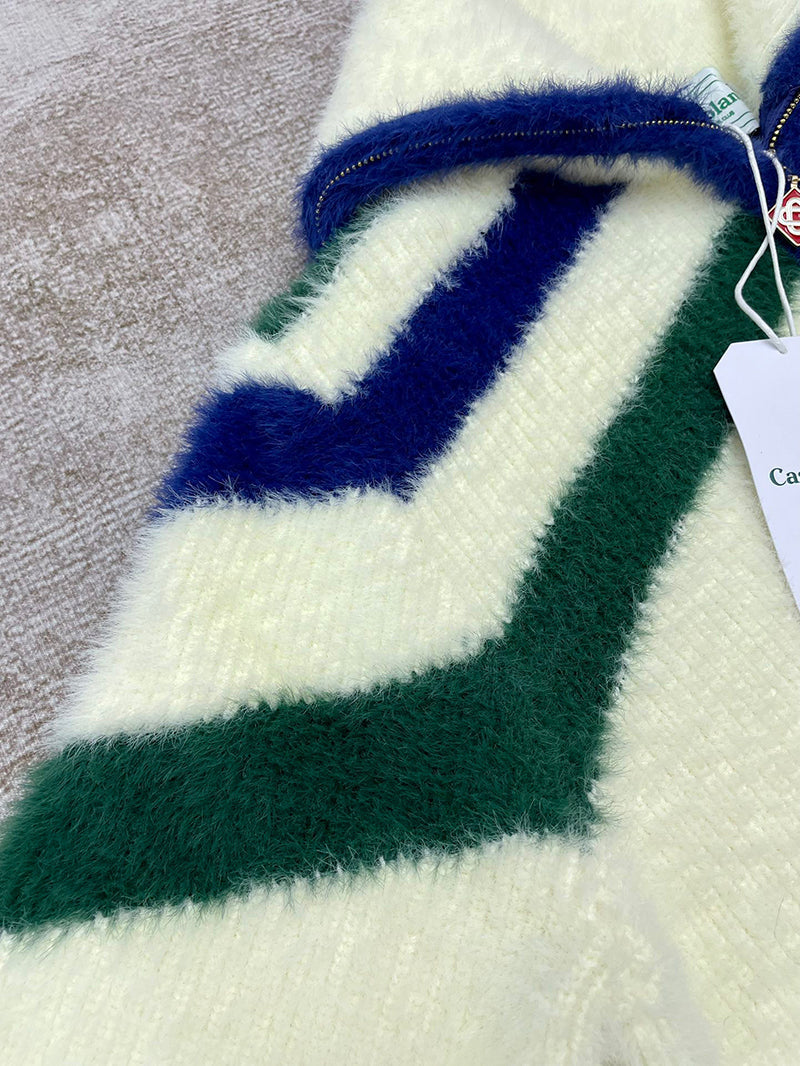 CASABLANCA Logo-Appliquéd Striped Brushed-Knit Zip-Up Cardigan - White