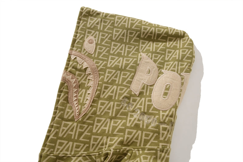 BAPE Logo Monogram Velour Shark Full Zip Hoodie Beige