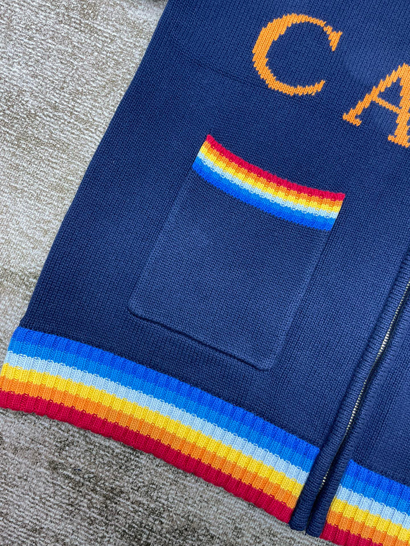 Casablanca Intarsia Cotton Zip-Up Cardigan Blue
