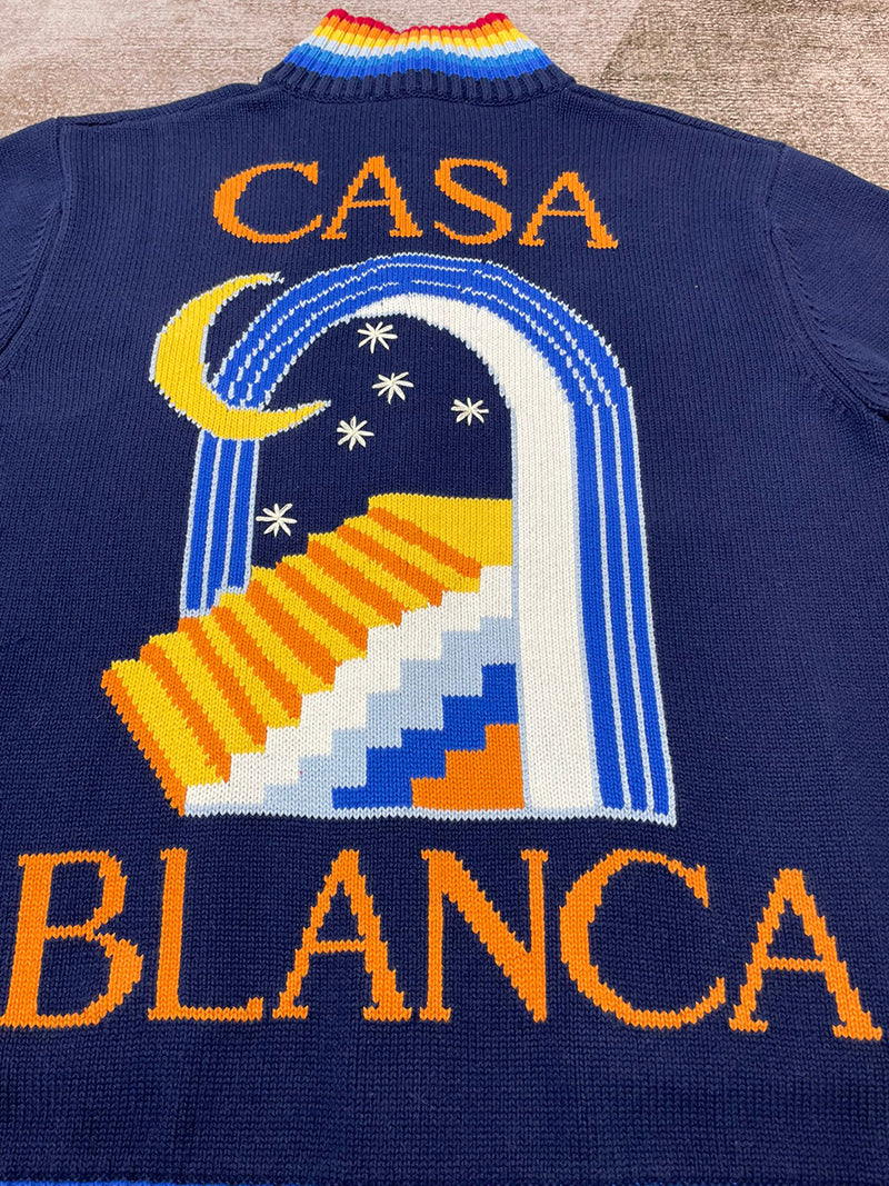 Casablanca Intarsia Cotton Zip-Up Cardigan Blue