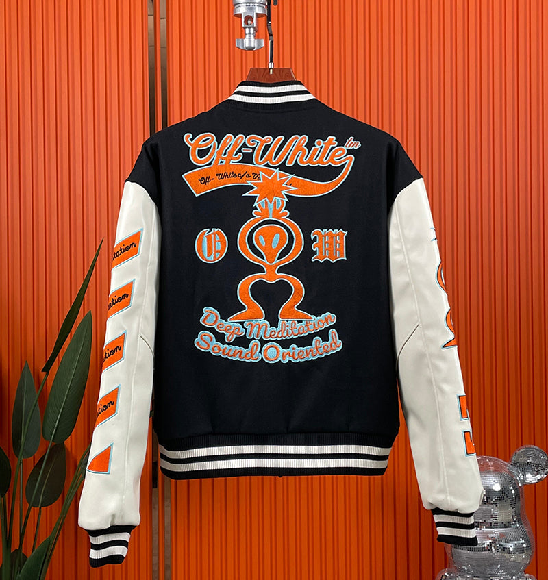 OFF-WHITE GRAPHICS LEATHER VARSITY JACKET Black Orange